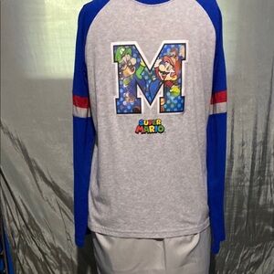 Nintendo Long Sleeve Tee Blue and Gray with Hologram Super Mario Brothers